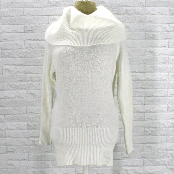OLIVACEOUS Sweater Tunic Statement Cowl Turtleneck Knit Long Off White Fuzzy S - Picture 1 of 14